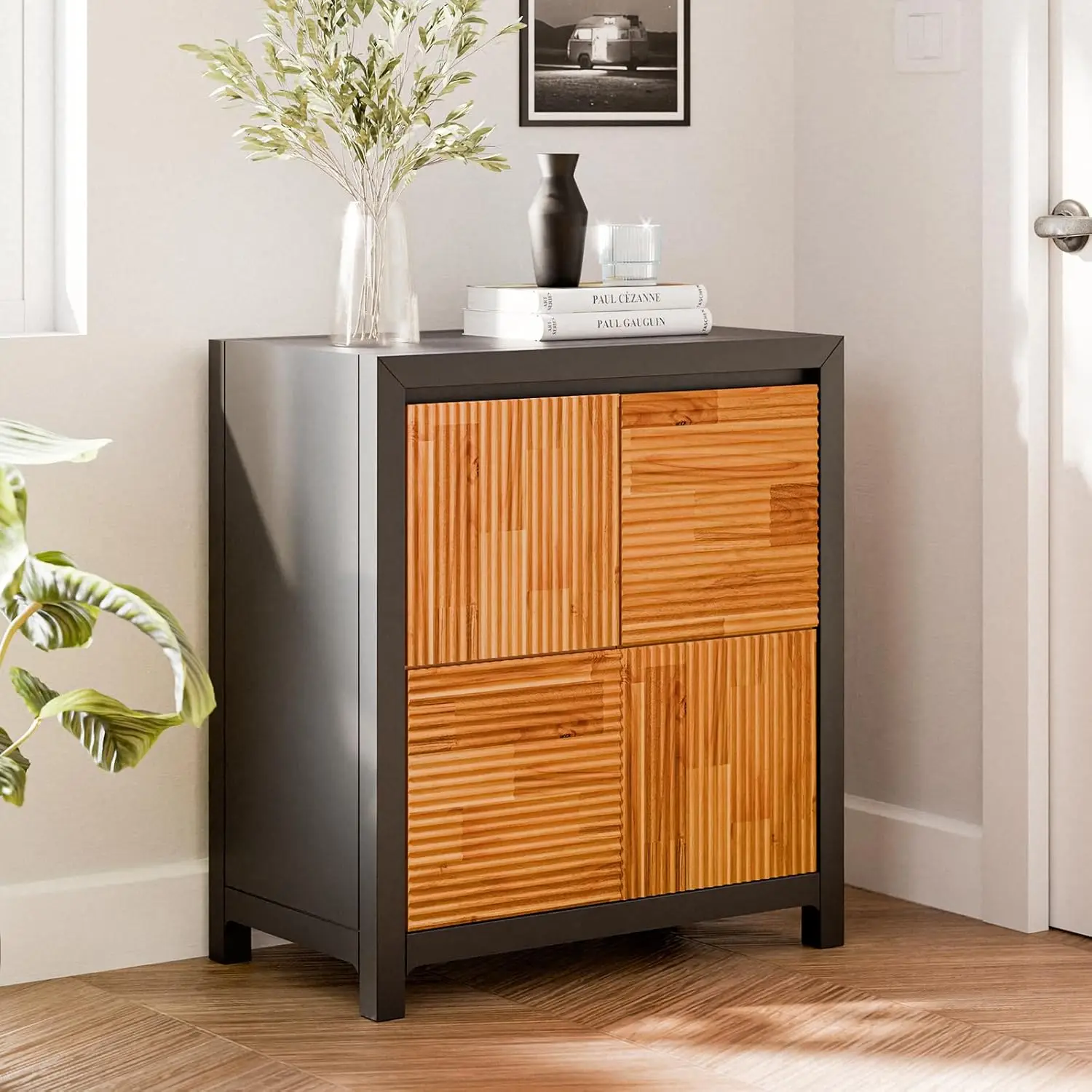 Bme Madia Accent Cabinet, Trendy Fluted Pattern Entryway Table with Storage with Convenient Soft-Close Doors, Solid Acacia Wood
