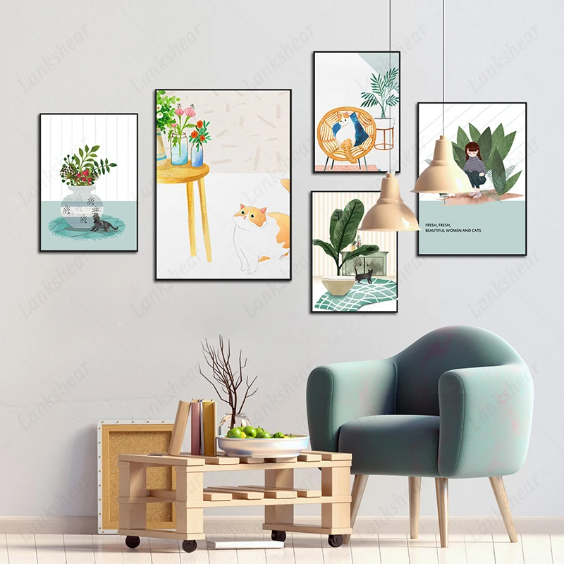 

Nordic Modern Canvas Painting Wall Art Pink Leaf Blue Vase Scenery Posters and Prints Pictures for Warm Home Decor Living Room