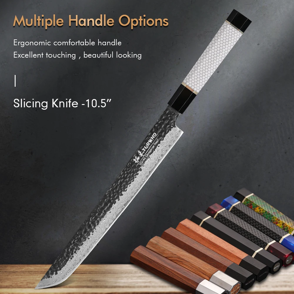 

TURWHO 10.5" DIY Handle Japanese Hand Forged Damascus Steel Kitchen Chef Knives Fish Fillet Sushi Sashimi Salmon Slicing Knife