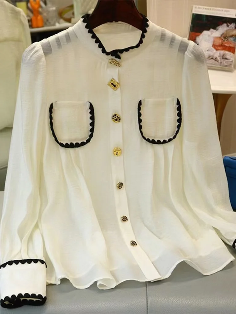

Retro Palace Style Contrast Lace Patchwork Long Sleeve Shirts Blouses Women's Autumn Chic Sweet Style Loose Casual Top Blusas