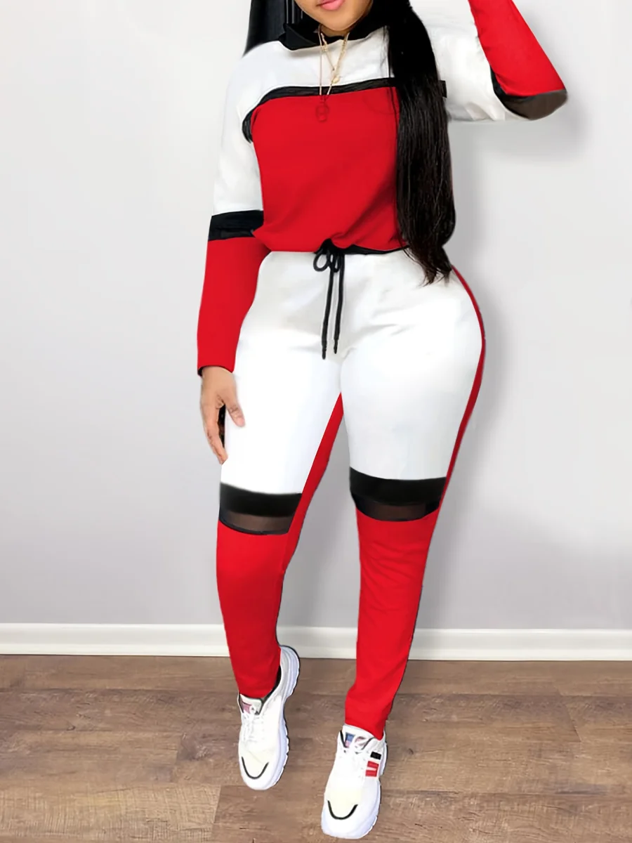 

LW Women Patchwork Two Pieces Color-lump Drawstring Tracksuit Set Long Sleeve Top&Lace Up Waist Pants 2pc Matching Suits