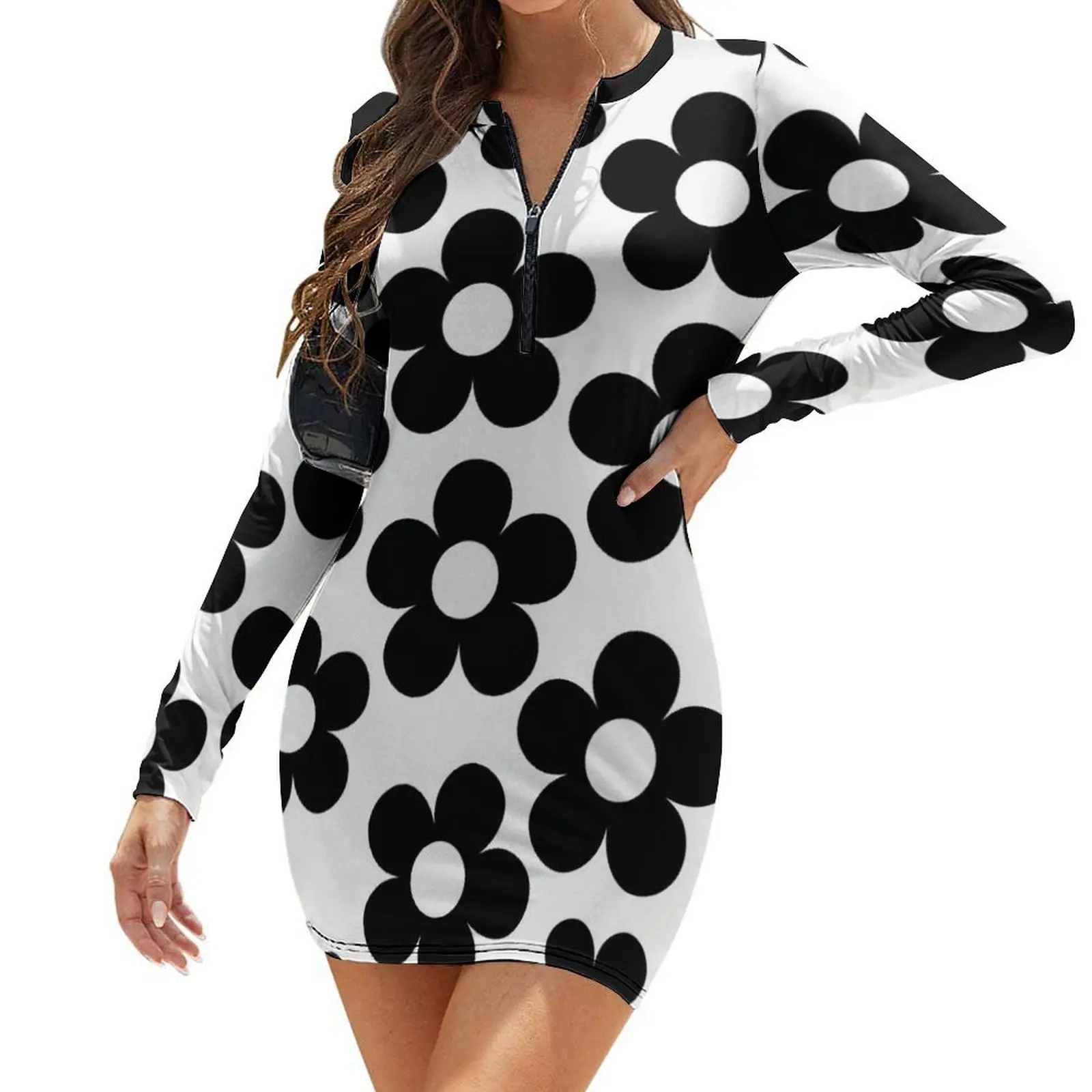 

Black and White Flower Blossoms Long-Sleeve Bodycon Dress dress dresses for womens women clothes