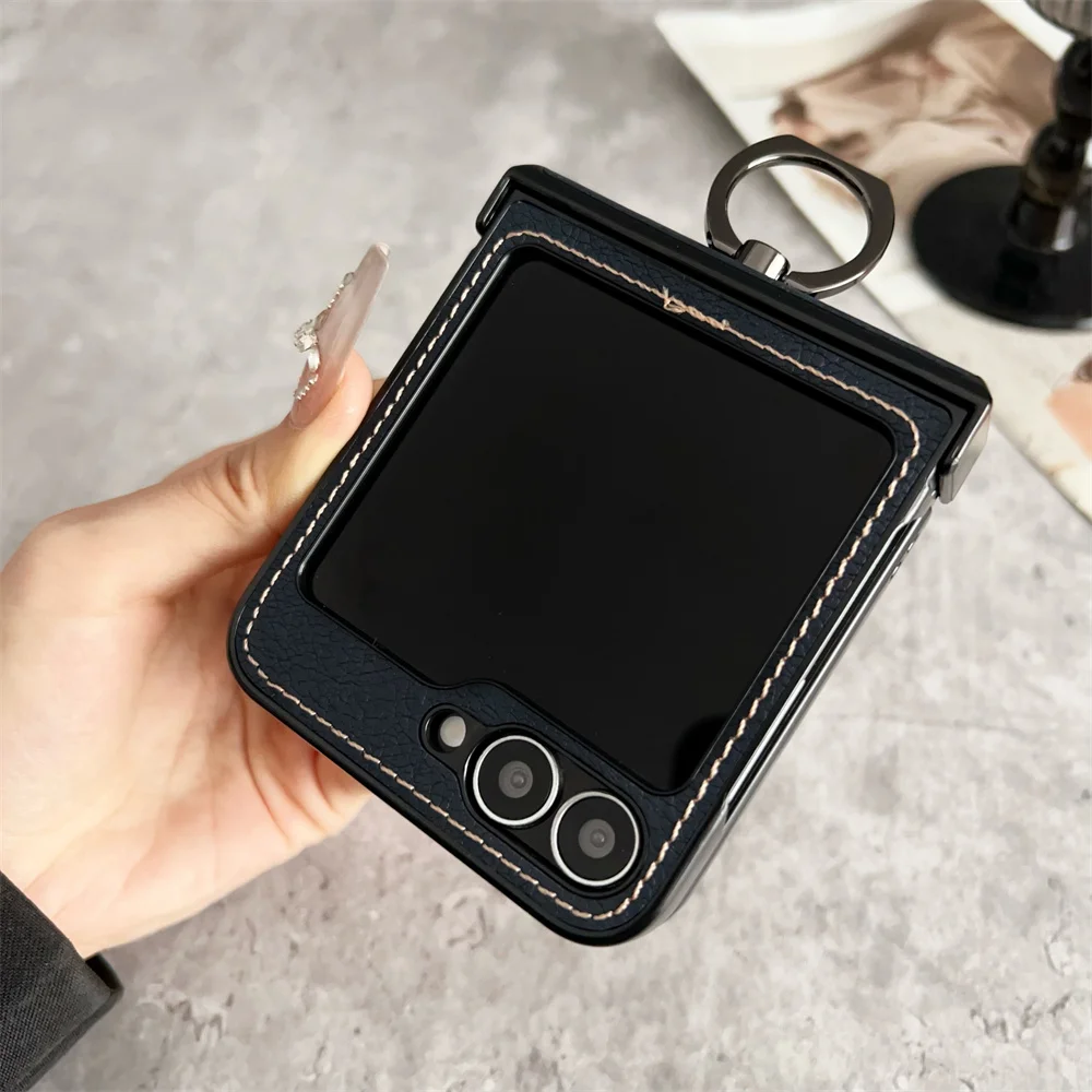 Luxury Lychee Pattern Leather MagSafe Wireless Charging Case with Ring Holder and Hinge Cover