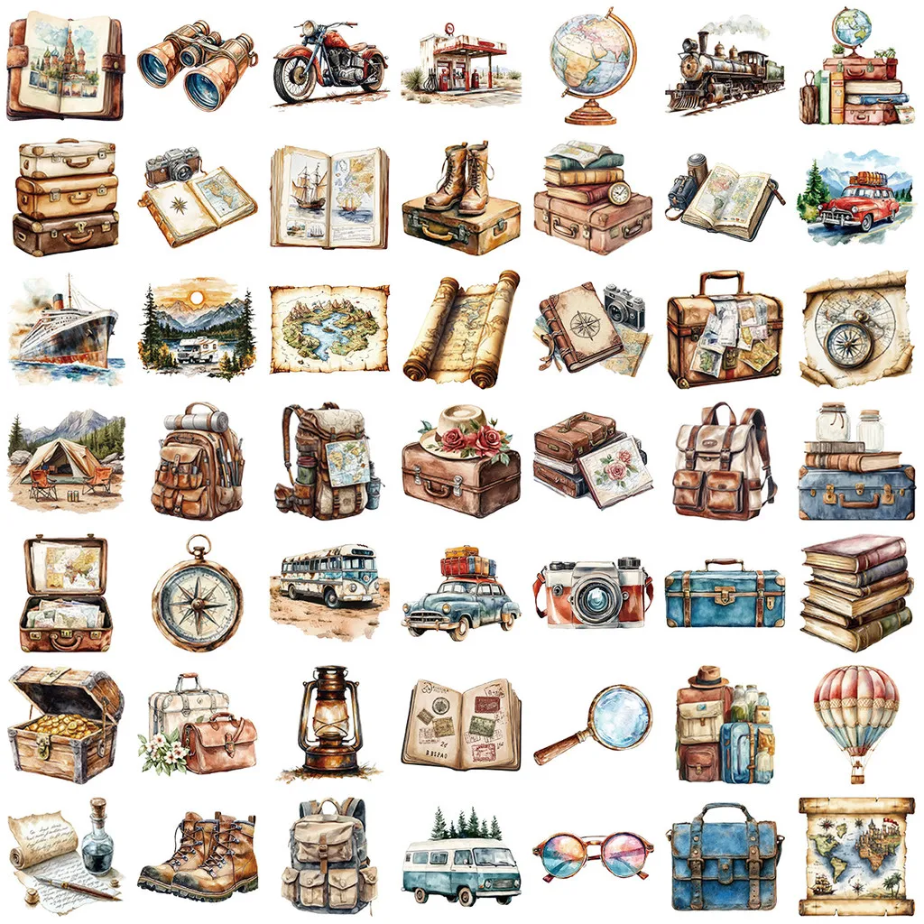 50개 투명 빈티지 여행 스티커 - 저널, 기타 및 노트북용 방수 PET 장식(Anime Worlds Store)