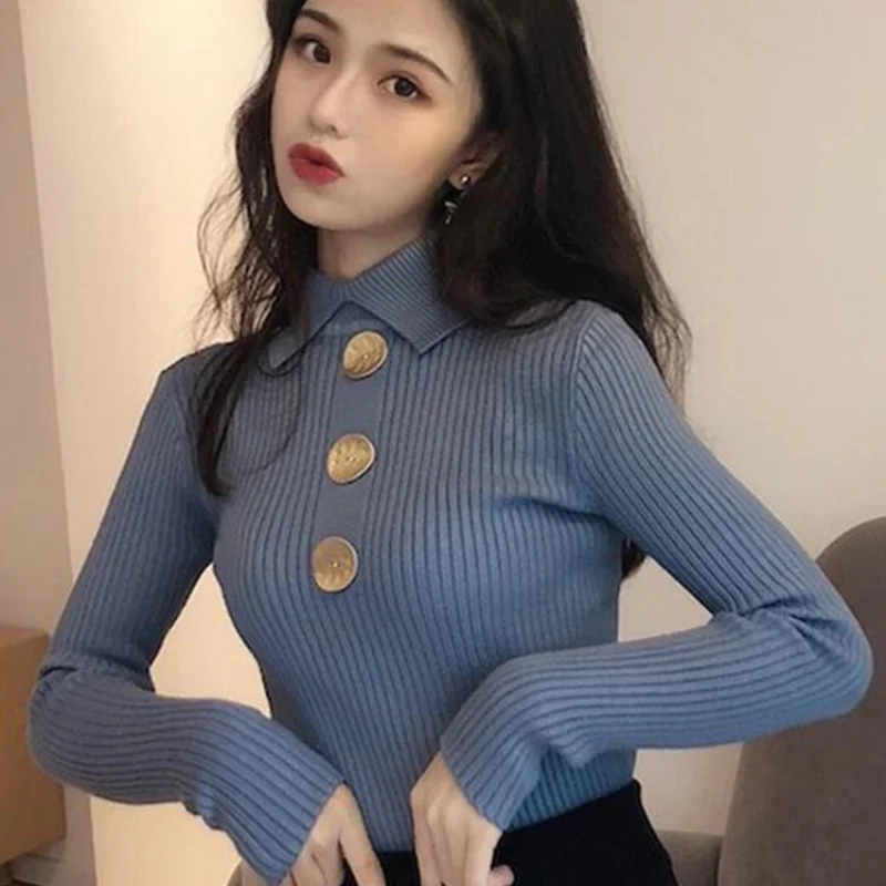 

Thickened Core Spun Chic Polo Knit Long Sleeve Undercoat Autumn and Winter Women's Korean Versatile Slim Sweater