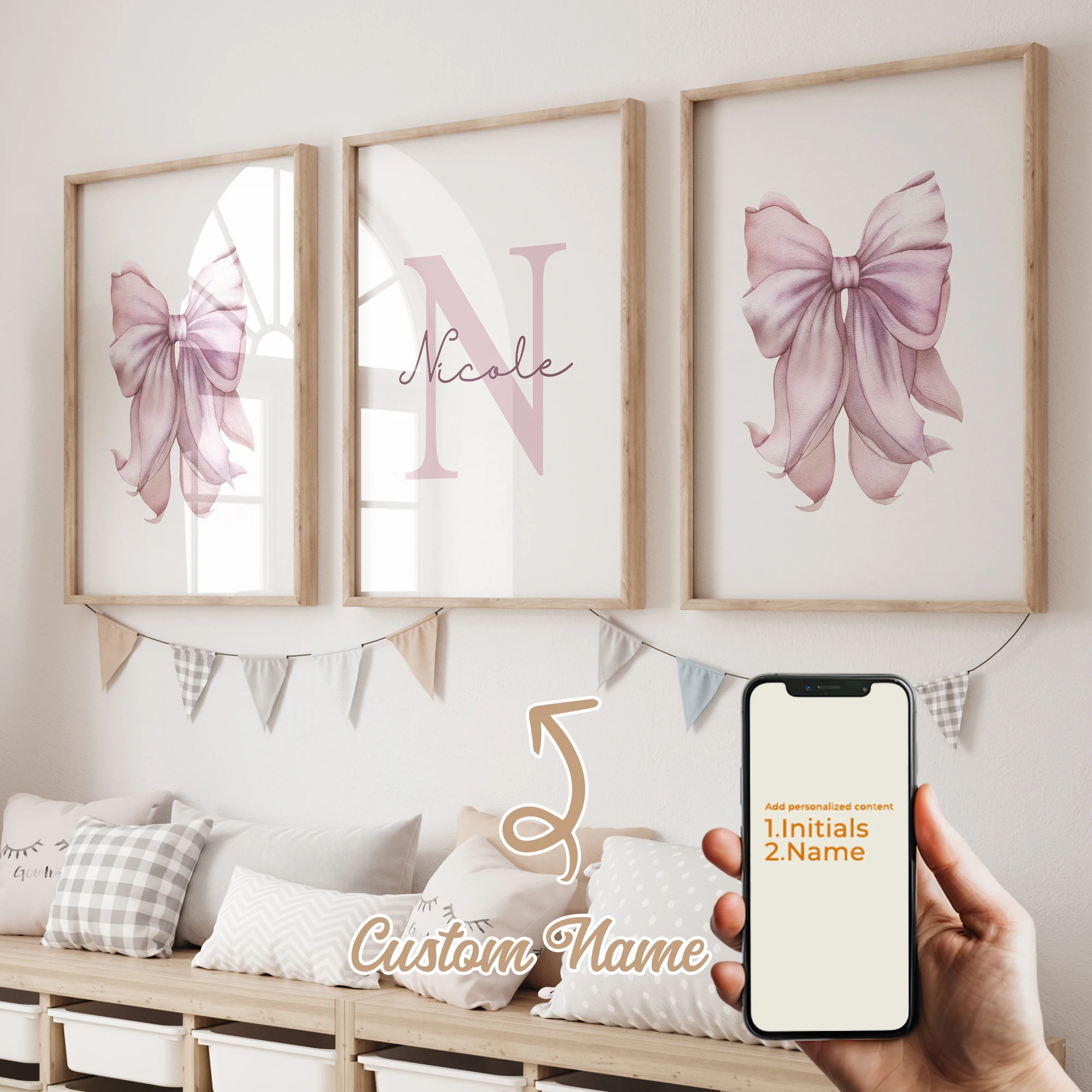 3pcs Personalized Custom Name Cartoon Child pink bow Wall Art Print Picture Canvas Poster Painting For Living Room Home Decor 4