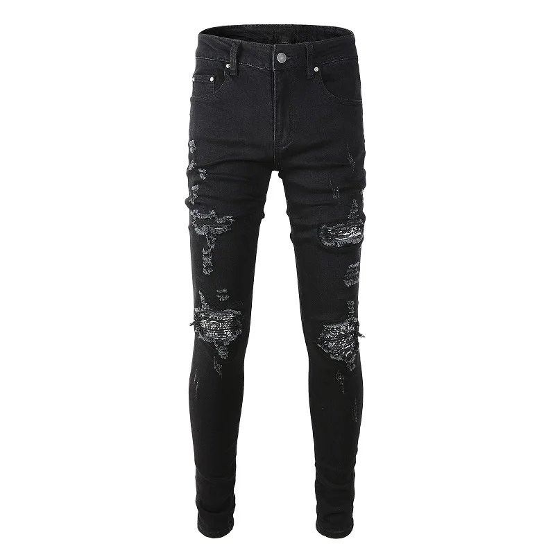 

A666 broken hole patch street style men casual stretch jeans black thin pencil pants small leg pants