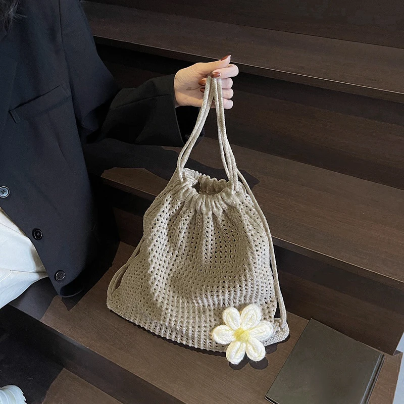 Solid Color Knitting Flower Shoulder Bag Large Capacity Hollow Out Bohemian Crochet Backpack Lazy Style Versatile