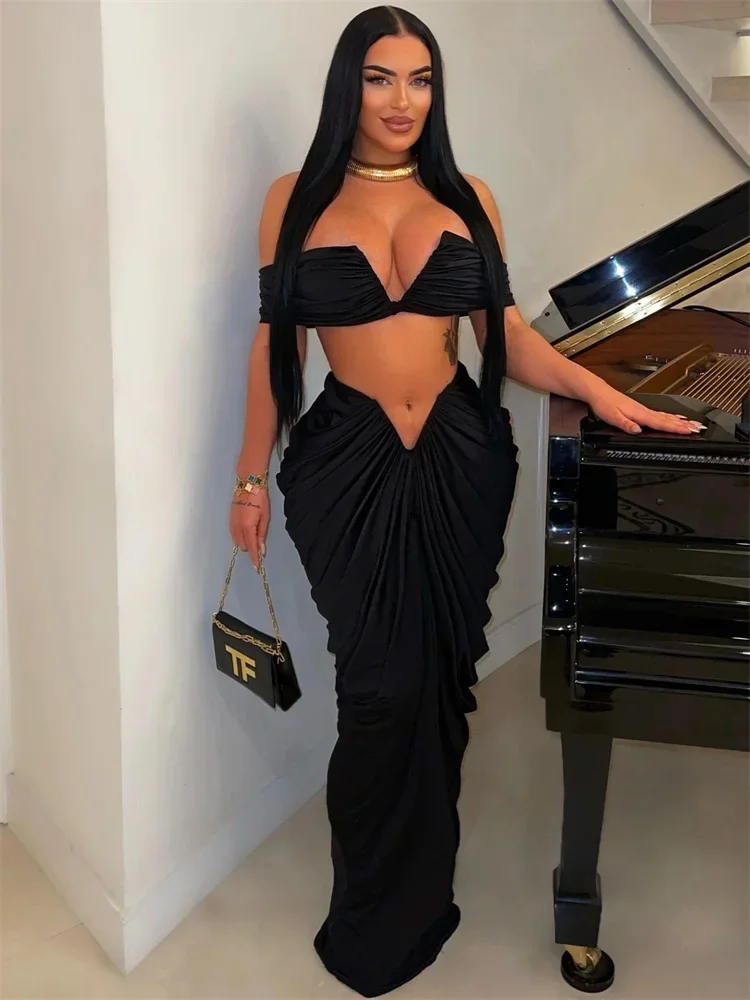 Wmstar Dress Sets Women Sexy Party Two Piece Crop Top Draped Skirts Matching Suits Club Outfits Wholesale Dropshipping S-3xl