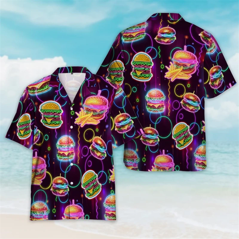 Hawaiian Burger Delicious 3D Printed Short Sleeve Shirts For Men Clothes Casual Hamburger Food Women Blouses Cute Beach Shirt 4