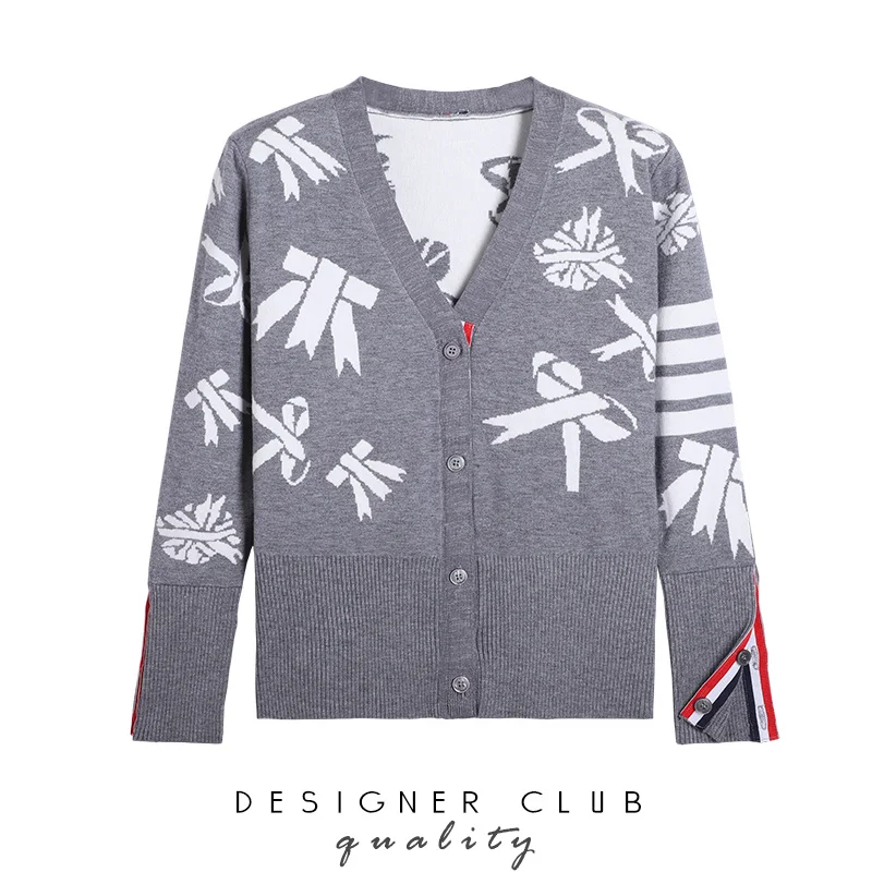

Spring and autumn new tb college style cardigan knitted jacket women's bow jacquard V-neck long-sleeved loose top