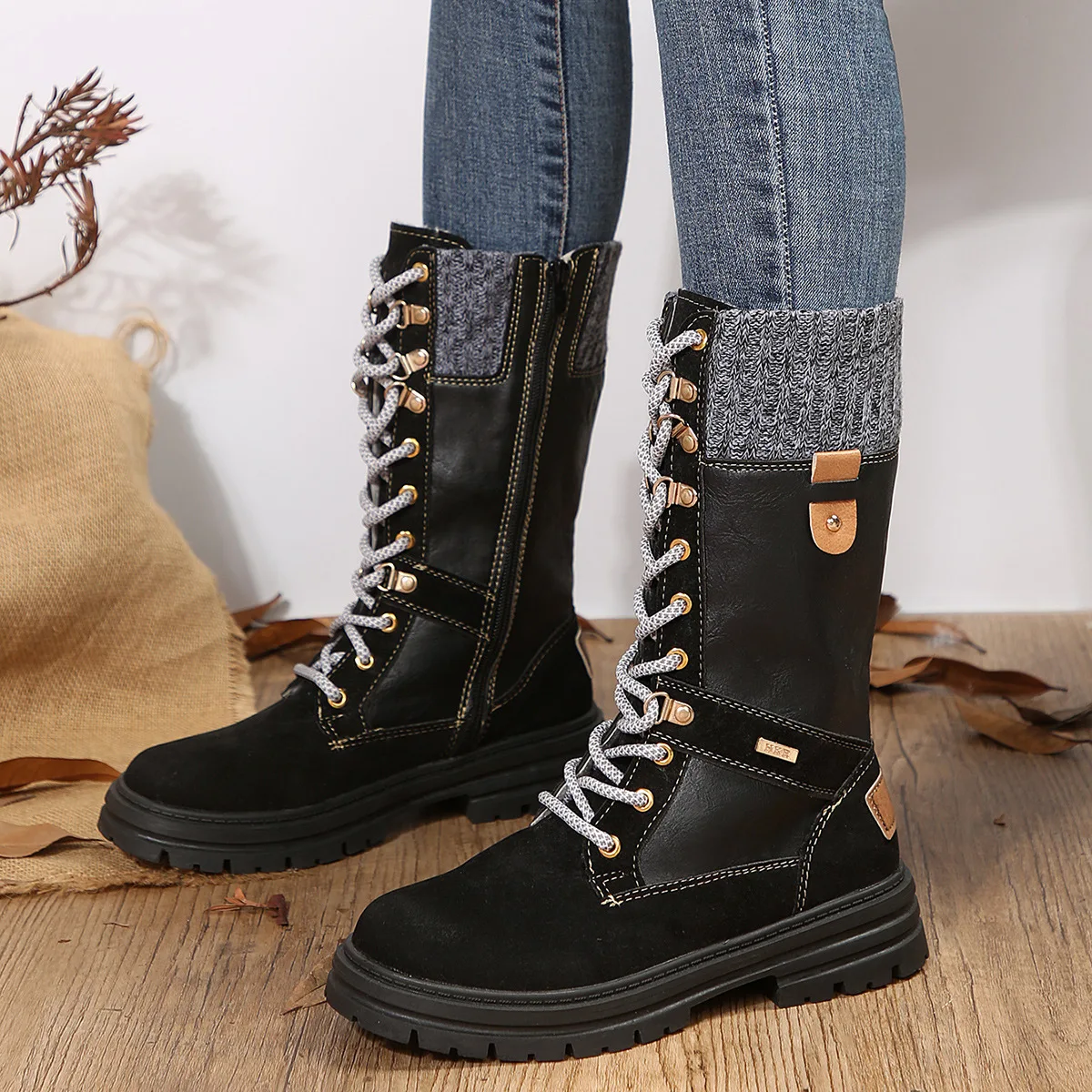 

TOPHQWS Autumn Winter Platform Boots For Women Vintage Lace Up Round Toe Mid-length Boots Female Thicken Warm Snow Shoes