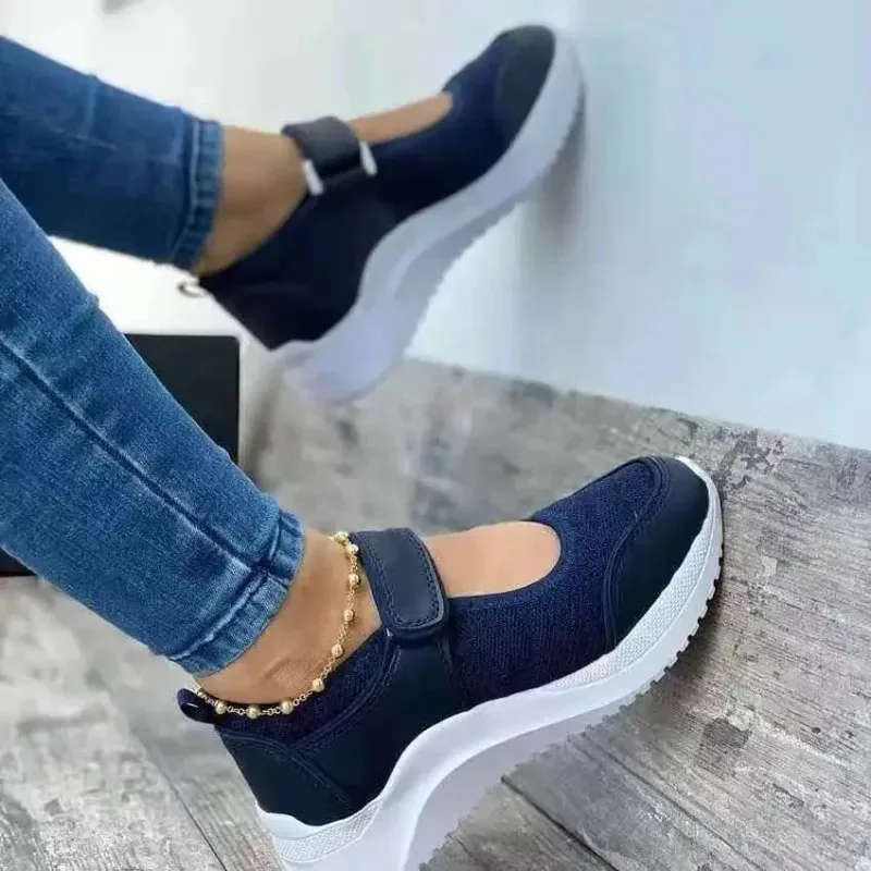 Round Head Knitted Women's Thick Sole Single Shoes Women's Large Size 36-43 Grid Casual Women's Shoes Sneakers Women