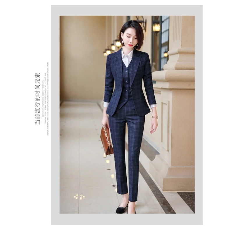 (Blazer+vest+pants or skirts) Women's suit 3-piece set, lattice women's suit set, office women set，Blazer set for women
