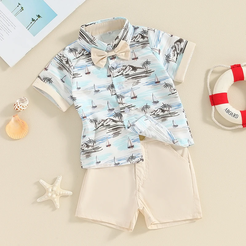Baby Kids Boys Set Di Abbigliamento Manica Corta Stampa Albero Papillon Camicie Top Con Pantaloncini Toddler Summer Holiday Beach Outfits