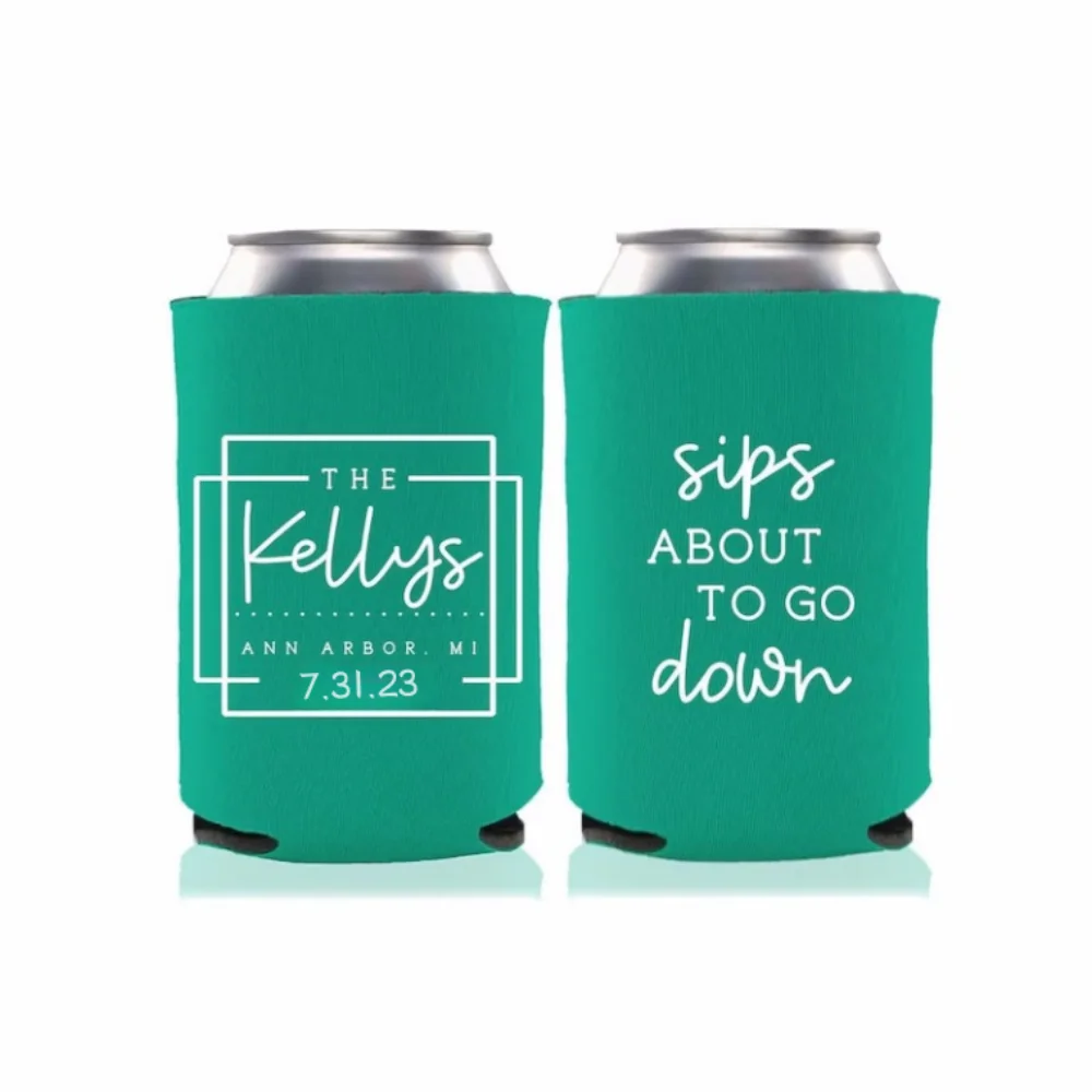 

Sips About To Go Down - Personalized Family Wedding Party Can Coolers, Beverage Holder, Beer Huggers, Funny Can Insulators