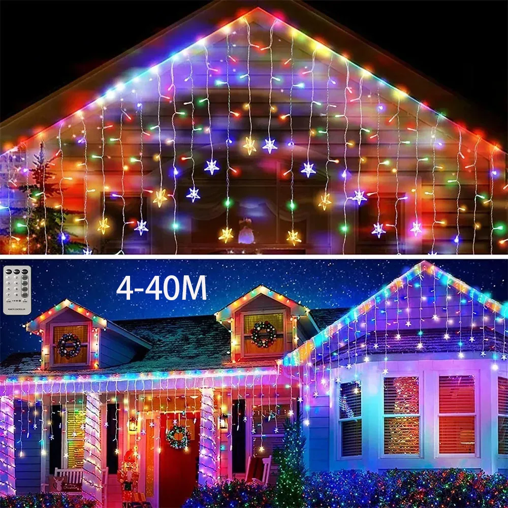 

Christmas Decoration Outdoor 4M-40M Street Garland on the house Icicle Lights Outdoor Waterproof Curtain Fairy String Lights