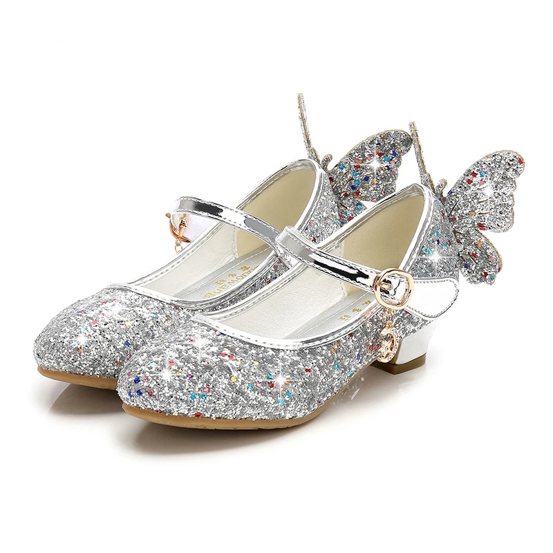 Fashion Girls Party Dance Shoe Princess Butterfly Leather Shoes Kids Diamond Bowknot High Heel Children Girl Dance Glitter Shoes