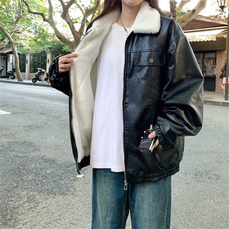 American retro rabbit plush PU leather jacket for women in 2024 winter  style luxurious loose plush warm jacket jacket jacket WL