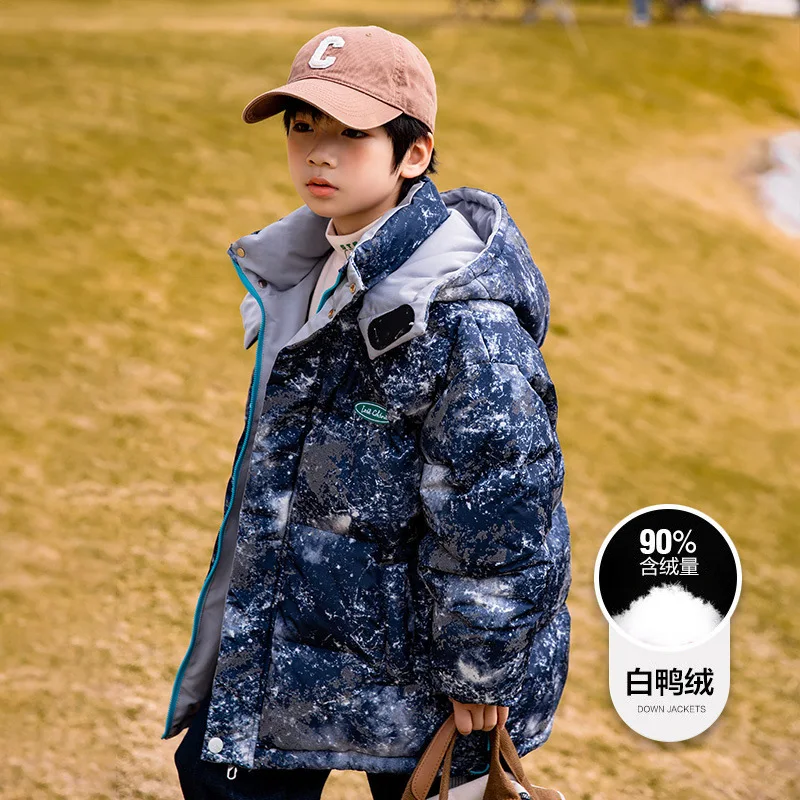 

Fashion Children's Clothes for Boys New Casual Hooded Coat Winter Thick Warm Tops Tie Dyed Print Down Jacket for Teenager 4-14 Y