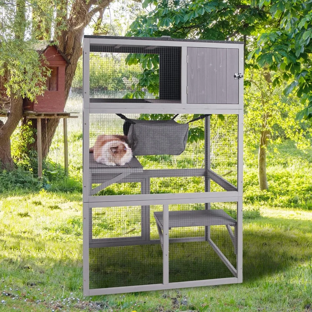 Wooden Cat House, Outdoor 3 Floors Cat Enclosure, Indoor Large Kitten playpen with Hammock，Resting Box, Cage Waterproof Roof