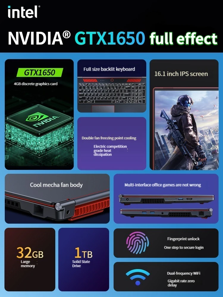 New16.1 Inch 10th Gaming Laptop Intel Core I9-10880H I I7-10880H Nvidia GTX 1650 4G Windows 10/11 Gaming Laptop Metal Ultrabook 5