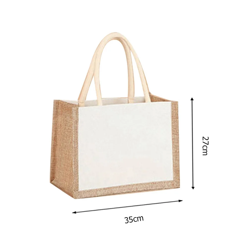 Women Burlap Jute Tote Bag Large Capacity Canvas Travel Storage Handbag Contrast Color Ladies Outdoor Handbag