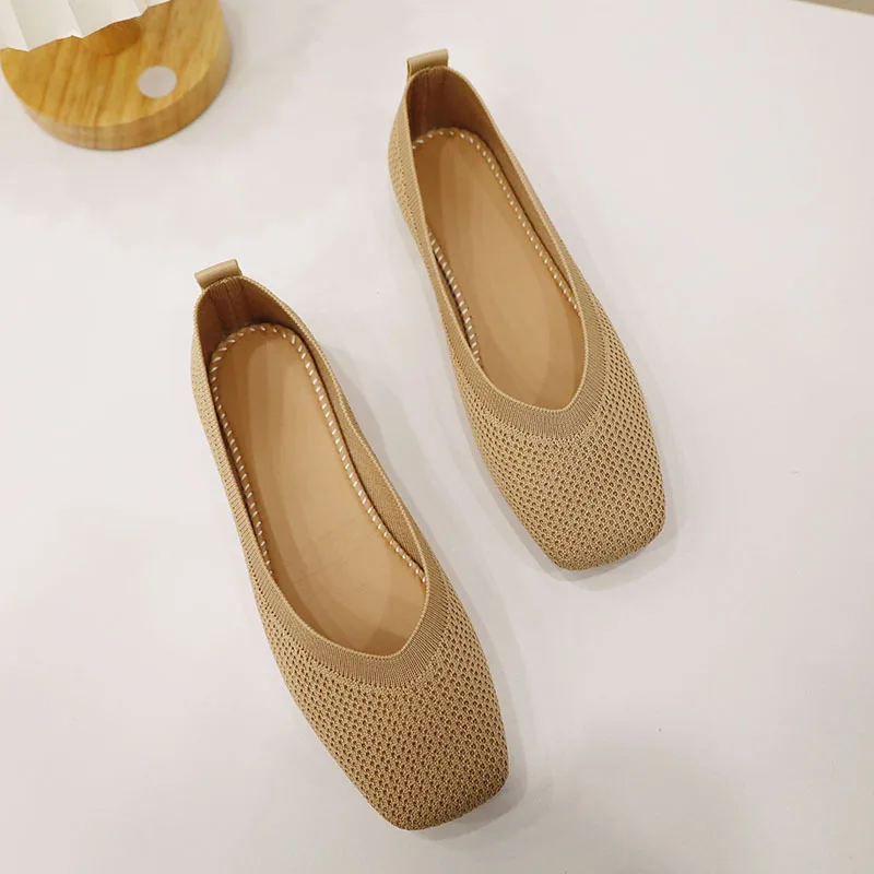 Women's Solid Flat Shoes Women Soft Comfortable Ballet Boat Sneakers Simple Knitted Square Toe Shallow Breathable Office Flats