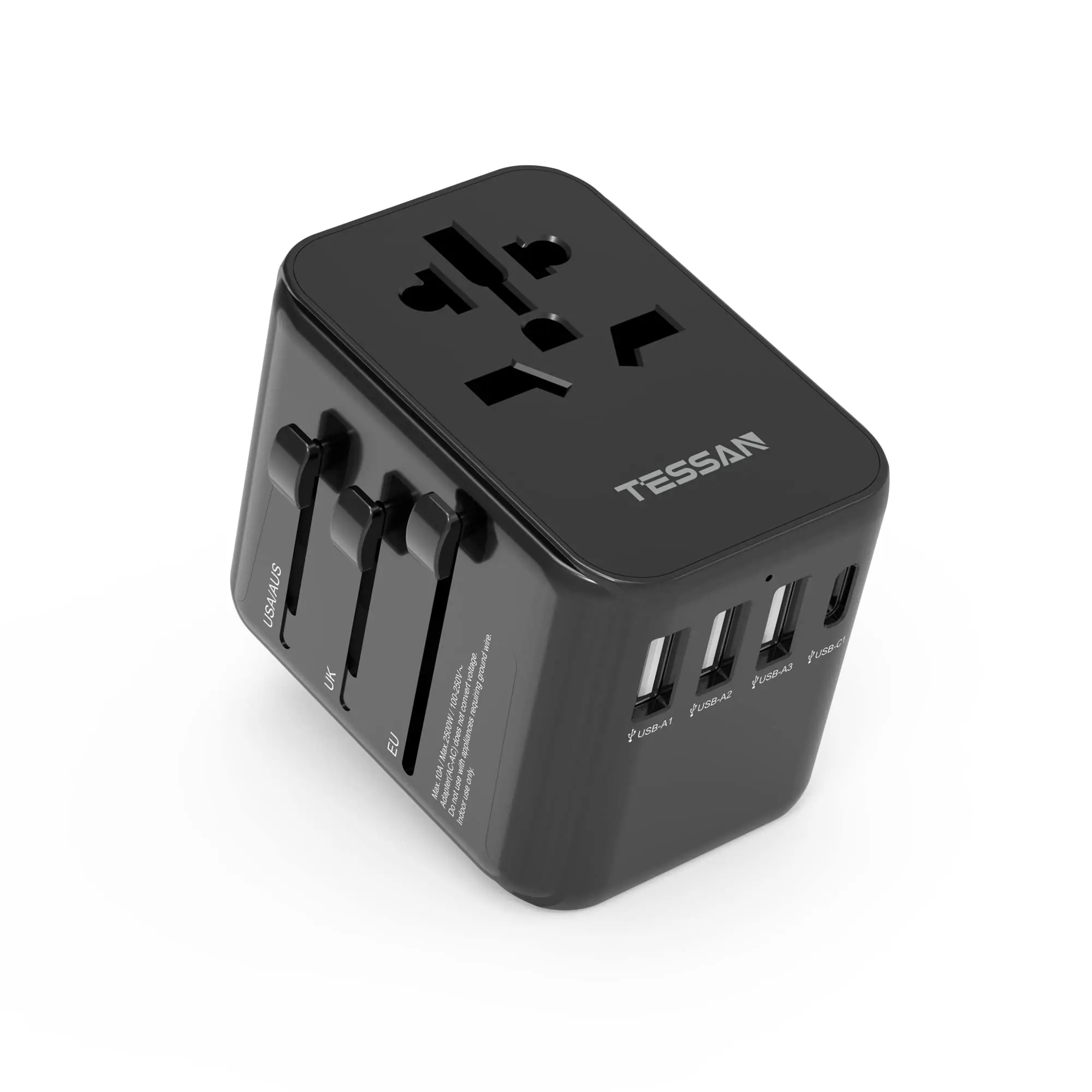 TESSAN Black Universal Travel Adapter with 2 USB Ports 1 Type C Fast