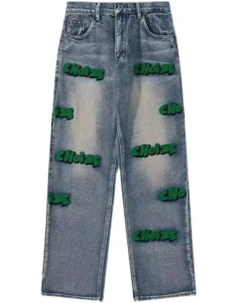 Feynzz High Street Style Hiphop Flocking Jeans Autumn Wide-leg Pants For Men And Women High Waist Embroidery  Jeans Fashion