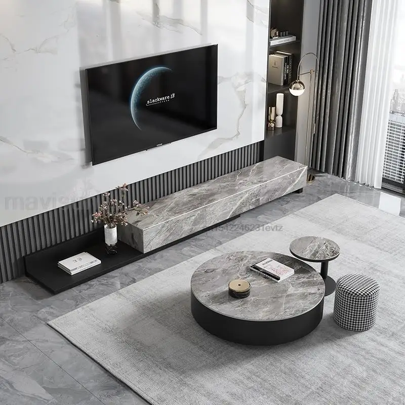 

Italian High-grade Gray Round Desk Tea Table Rock Board Retractable Tv Cabinet Combination Living Room Storage Chest Drawers