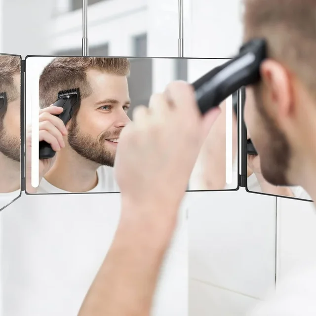 Lumières LED Miroir 3 voies pour une coupe de cheveux automatique rechargeable 360 °   Miroir avec miroir auto-coupe de cheveux avec crochets réglables en hauteur 1