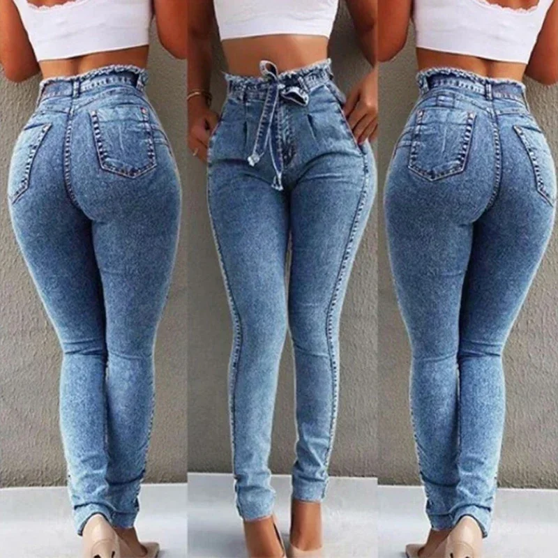 

New Women Fashion Denim Jeans Skinny Elastic Casual Tassel Belt High Waist Bleached Pencil Pants 2023 S-5XL Long Trousers 30208