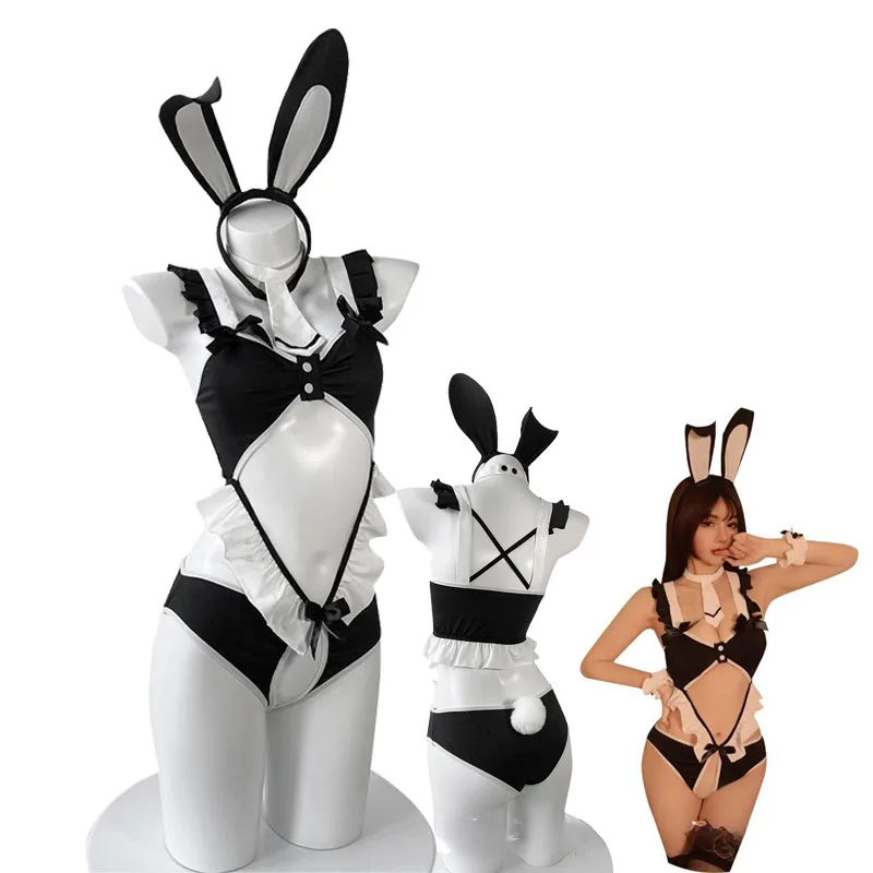 

Lolita Student Sexy Women Cosplay Costume Uniform Bunny Girl Bodysuit With Rabbite Tail Maid Dress Falbala Open Bust