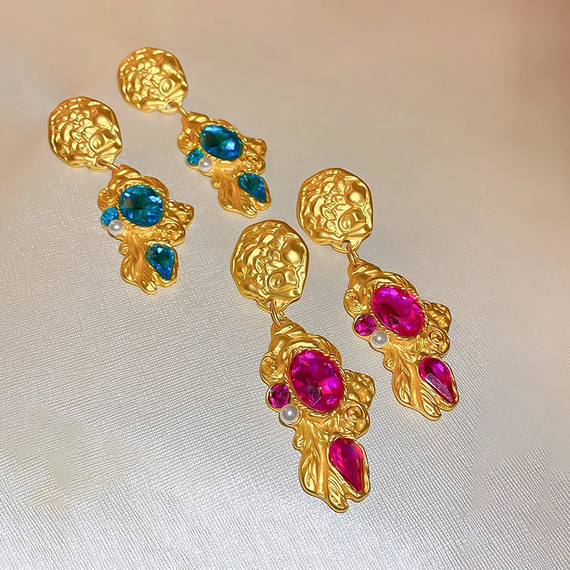 

925 Silver Needle Retro Metal Rhinestone Irregular Flower Leaf Earrings European and French Style Premium Earrings for Women