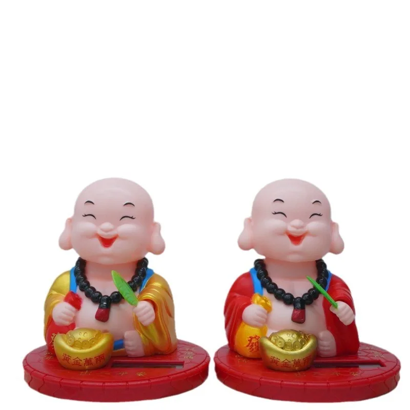 New Cute Little Monk Car Solar Toys Creative Little Monk Shaking Head Nodding Car Center Console Knock Wood Fish Decoratives