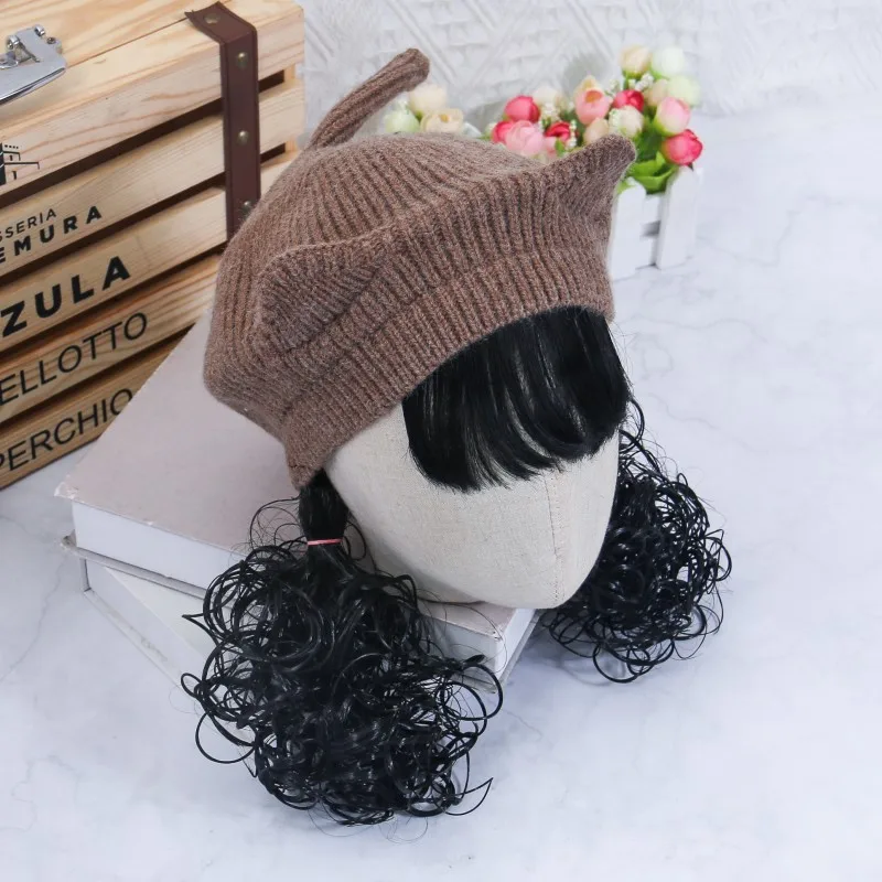 Kid Girls Knit Beret Hat Long Hair Braid Cap Daily Synthetic Children Baby Hats Winter Warm Outdoor