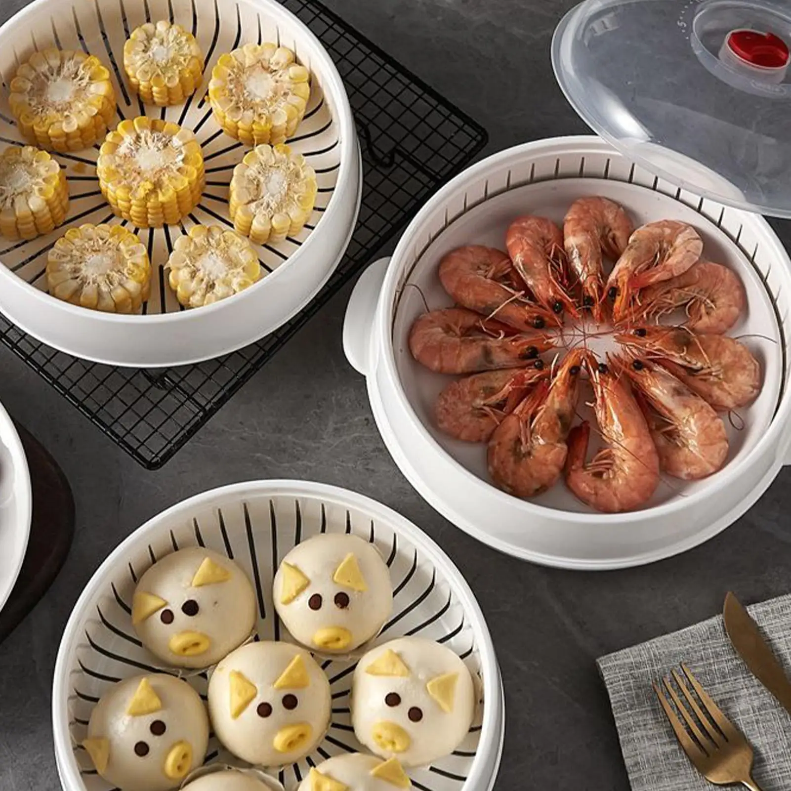 white Microwave Heating Steamer Household Large Capacity Steamer Kitchen Steamer Box Steamer Rack Can Exhaust Steam