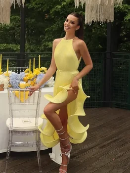 Elegante Abito Midi Sexy con Halter e Lacci, Vestito da Cerimonia con Volant e Spacco, per Feste Serali, Giallo Rosa Blu, Nuova Collezione Estate 2026