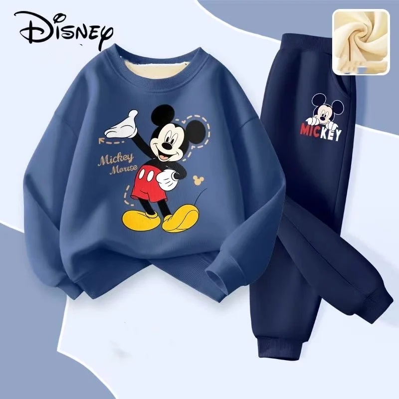 Winter Baby Girl Clothes Set Kid Boy Disney Mickey Sweatshirts Pullover & Pants 2pcs Suit Children Long Sleeve Plush Warm Suit 2