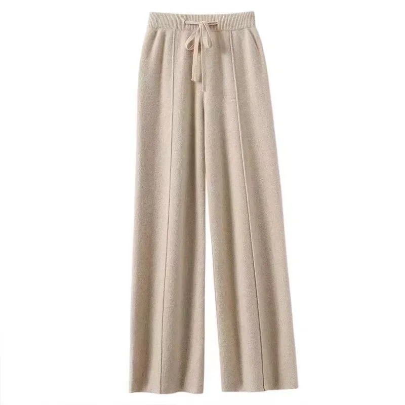 Women Merino Wool Knitted Wide Leg Pants Autumn Winter Basic Soft Warm Cashmere Knit Trousers Casual Simple Style Korean 2