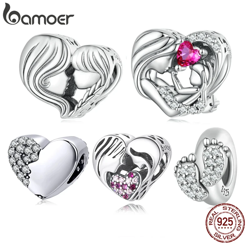

BAMOER 925 Sterling Silver Mother & Daughter Bead Affinity Heart Charm for Women Bracelet Bangle DIY Mother's Day Gift BSC687