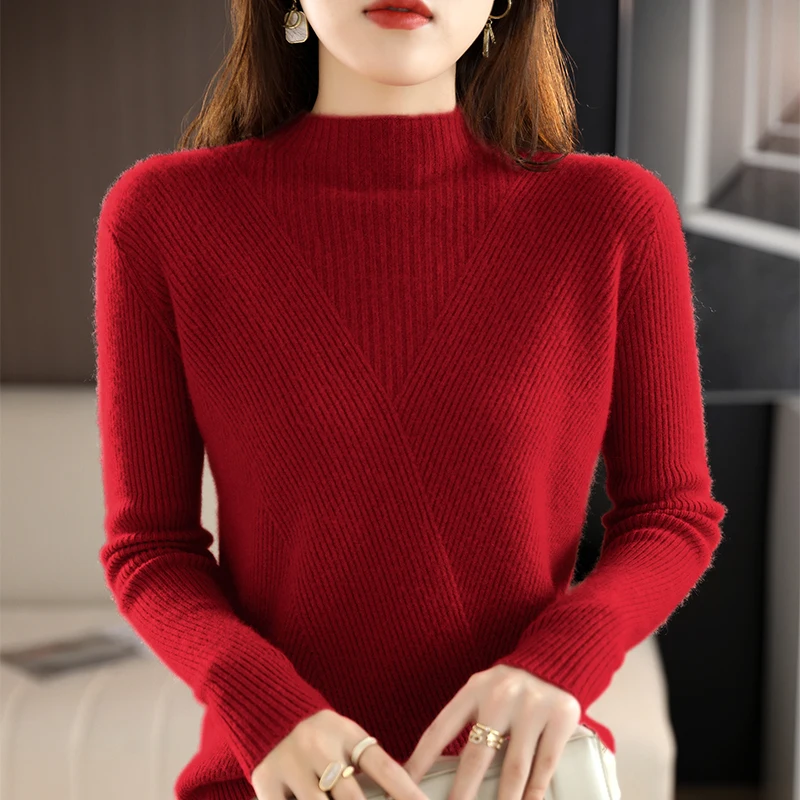 Cashmere Sweater Women Pure Color Half high collar Casual Long-sleeved Loose Pullover Cashmere Sweater Women\'s