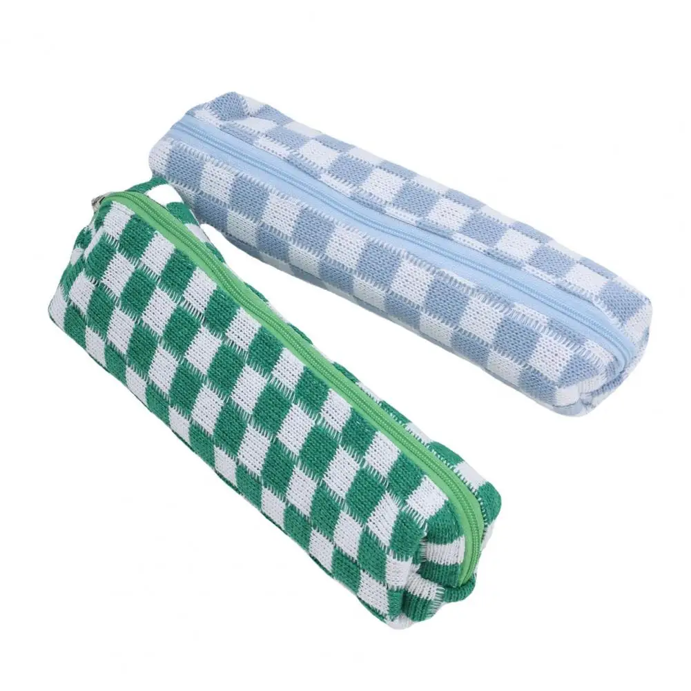 

Knitted Checkerboard Pen Bag Portable Zipper Boys Girls Students Pencil Stationery Pouch Case School