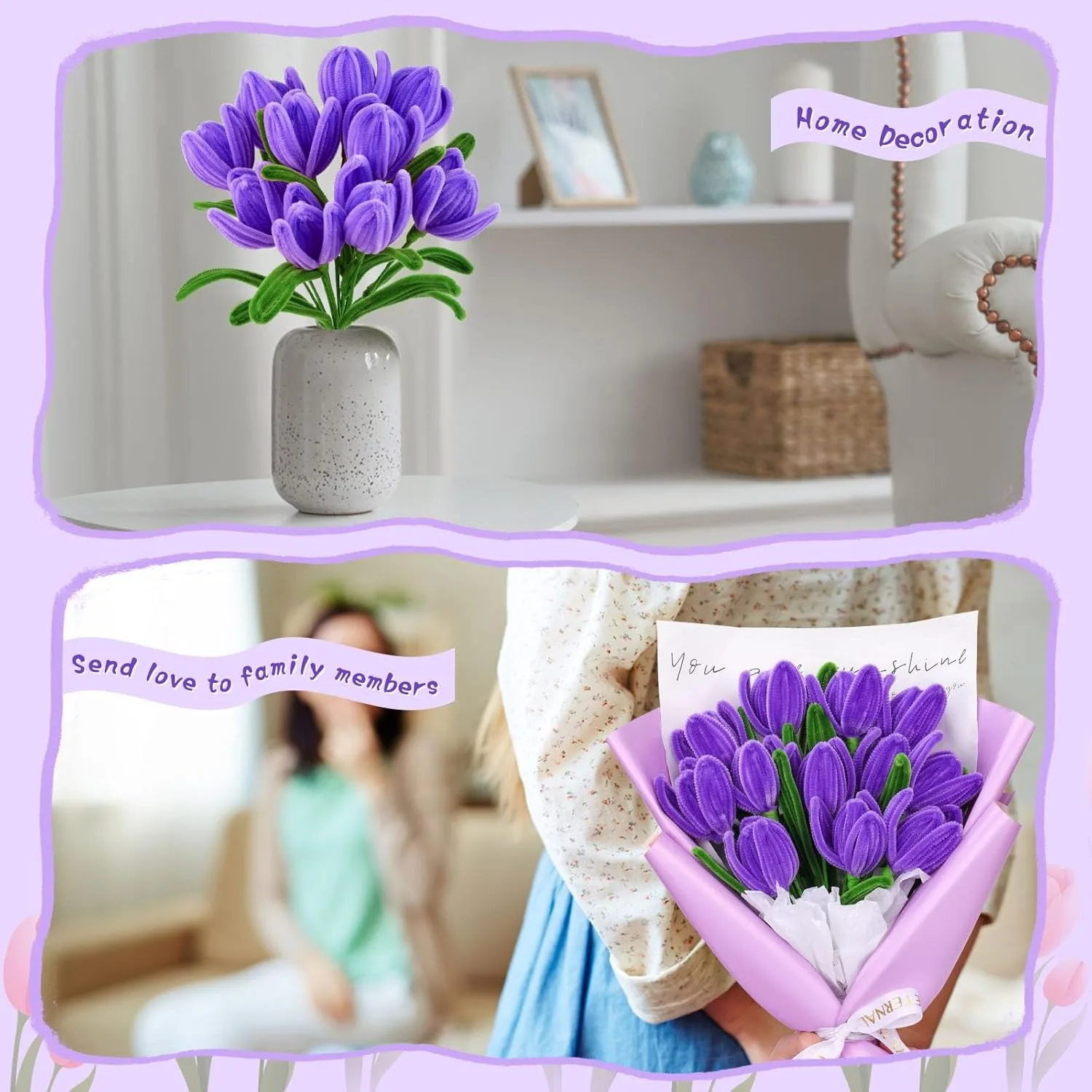 OUBAI Pipe Cleaner Flower Craft Kit, with Wrapping Paper, Step-by-Step Video Tutorials for Birthday Home Decoration