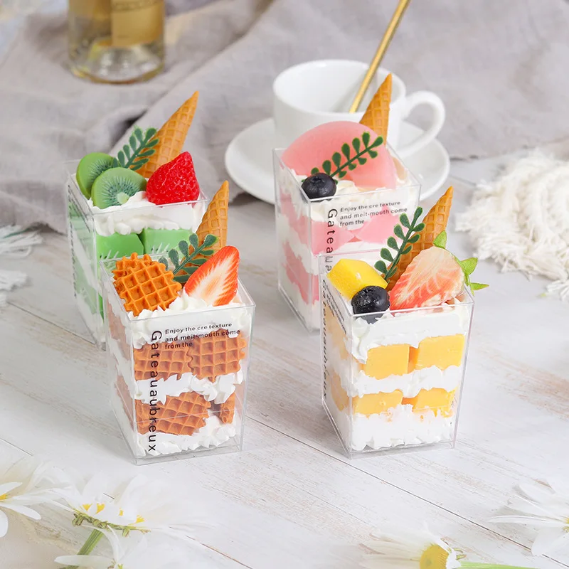 

4pcs Simulation Yogurt Fruit Cake Model Mille-feuille Mousse Pastry Tiramisu Square Cup Ornament Window Decor Gourmet Photo Prop