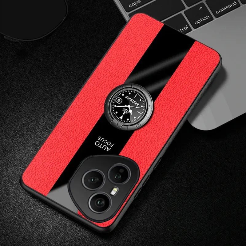 Premium PU Leather Magnetic Ring Holder Phone Case with Silicone Matte Bumper