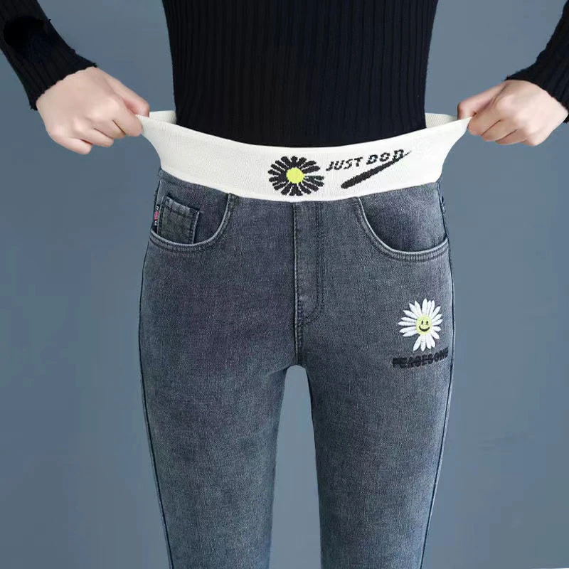 New Casual High Waist Denim Pencil Pants Women Daisy Embroidery 82kg Oversized Skinny Vaqueros Fashion Patchwork Stretch Jeans