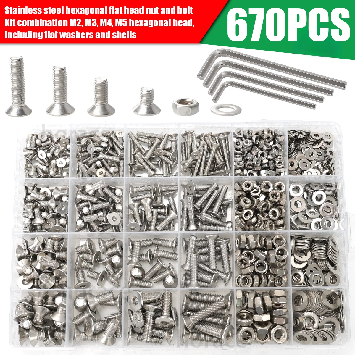 Stainless Steel Countersunk Hex Bolts/M3-M4-M5-M6 Flat Head Hex Bolt Nut and Washer Combination Set/Internal Screws 670pcs