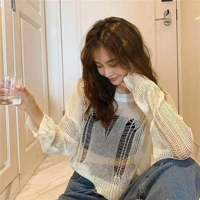 

Black Gothic Thin Women Pullover Loose Sweater 2024 Lady Hollow Out Hole Broken Streetwear Stretch Split Knit Short Top
